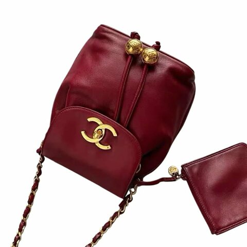 CHANEL魚子醬雙C扣金球水桶鏈條包帶子包