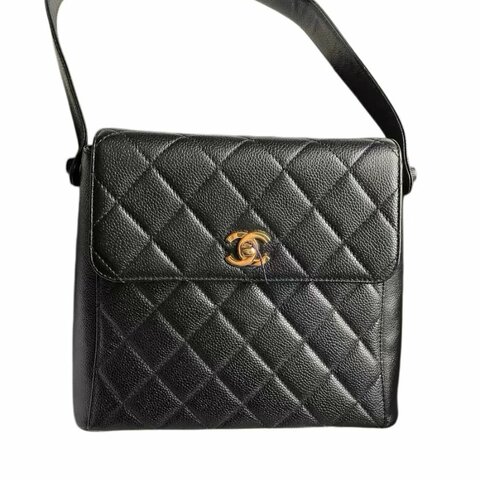 CHANEL 黑金魚子醬雙C扣菱格紋凱莉包