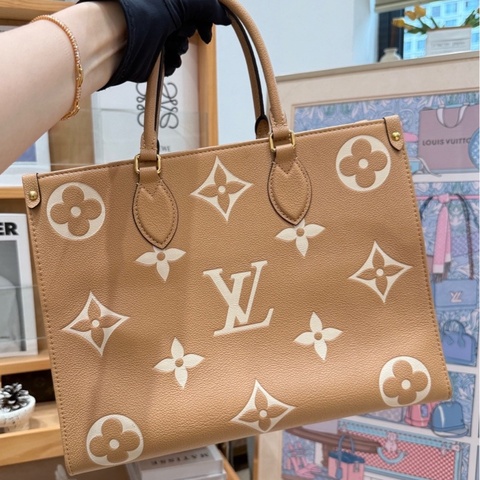 【近新閒置品】Louis Vuitton 路易威登 LV on the go 奶茶色，中號全皮tote 手提托特包