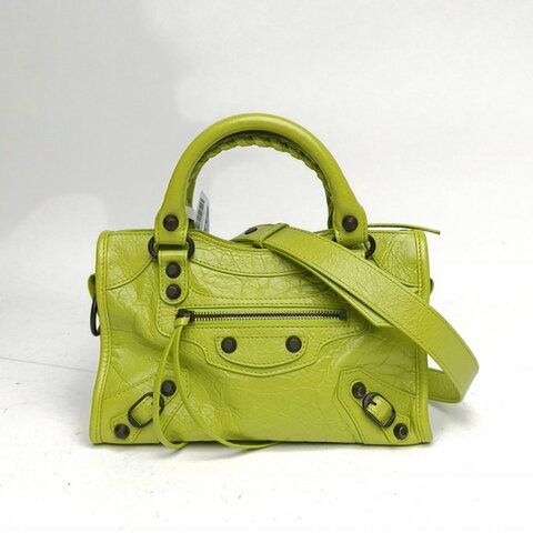 BALENCIAGA 新款CITY機車包小號綠色羊皮黑扣肩背包