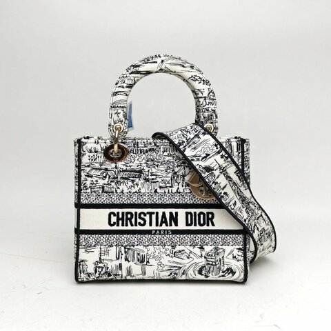 DIOR LadyD-Lite戴妃包中號黑白帆布金扣印花刺繡肩背包