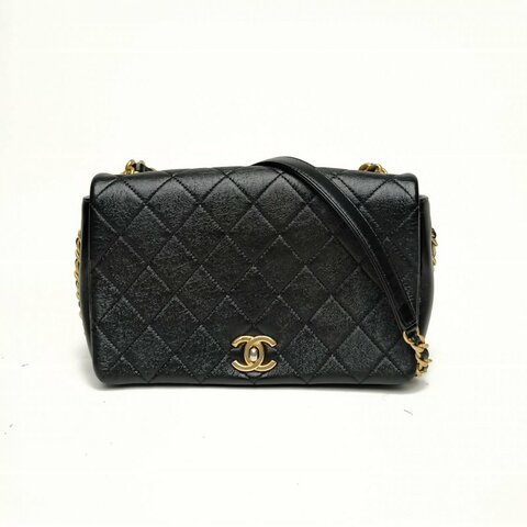 CHANEL 黑色羊皮金扣CF菱格紋口蓋包30開肩背包