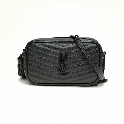 SAINT LAURENT 黑色荔枝牛皮黑扣LOU流蘇相機包肩背包
