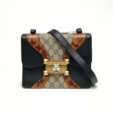 GUCCI 拼色帆布琺瑯扣老花虎頭斜挎包肩背包
