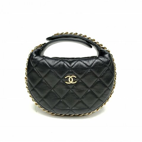 CHANEL 23C呼啦圈月牙包黑色羊皮金扣皮穿鏈肩背包