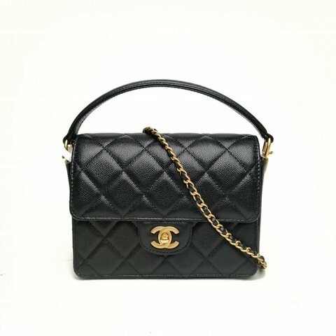 CHANEL 黑色荔枝牛皮晶片金扣CF口蓋包單肩包肩背包