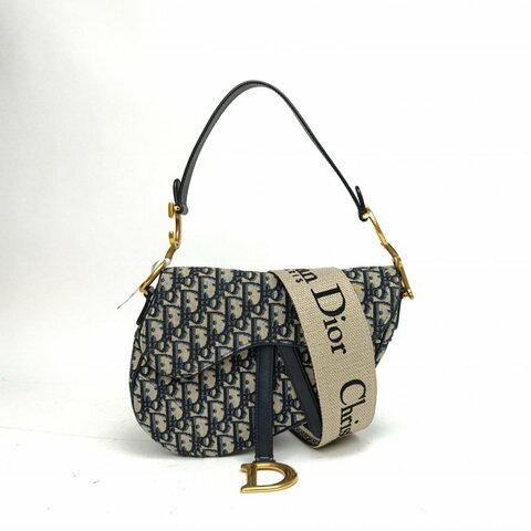 DIOR SADDLE馬鞍中號藍色帆布金扣印花肩背包