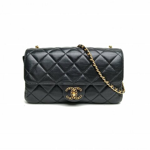 CHANEL 黑色羊皮晶片金扣22C黑金羊皮菱格紋鏈條包肩背包