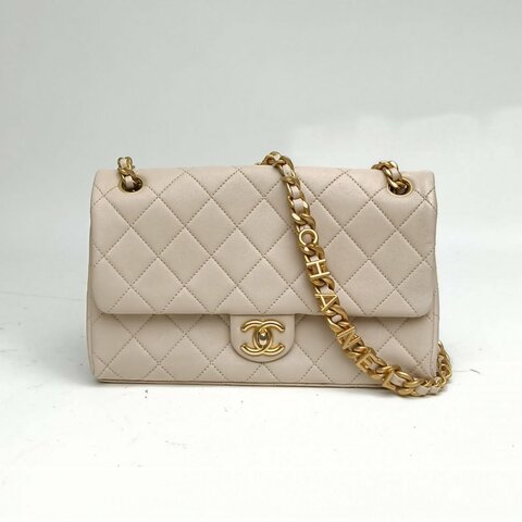 CHANEL 裸色牛皮晶片金扣23P鏈條CF口蓋包鏈條包肩背包