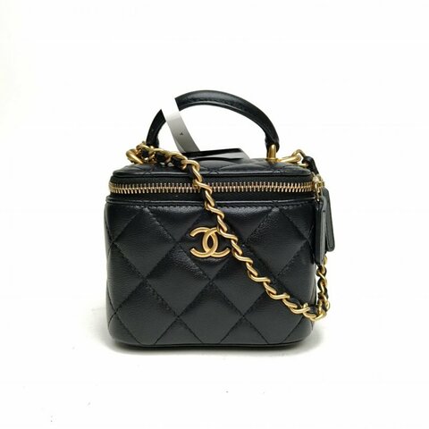 CHANEL 21A手提方盒子化妝包黑色羊皮31開金扣肩背包