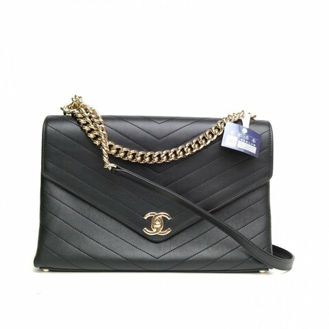 CHANEL 黑色牛皮26開金扣信封口蓋包鏈條手柄肩背包