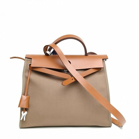 HERMES Herbag3118大象灰帆布A刻銀扣肩背包