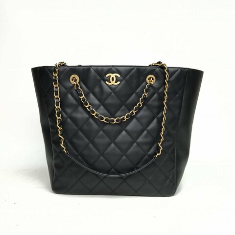 CHANEL 黑色牛皮晶片開金扣tote單肩包肩背包