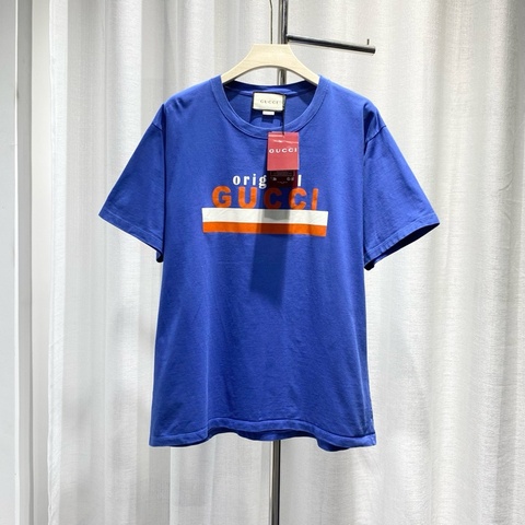 GUCCI 古馳 短袖tee T-shirt L碼 字母印花Logo 紅白條紋 藍色