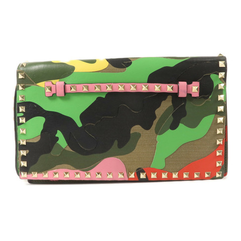Valentino 帆布/牛皮皮革Camouflage Rockstud Wristlet Clutch手拿包
