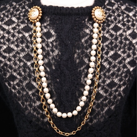Chanel 白色太阳花珍珠胸针领带长项链毛衣链