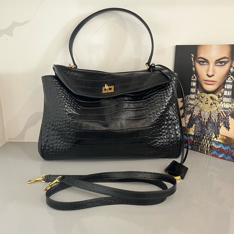 Balenciaga巴黎世家 Rodeo 做舊復古可拆卸肩帶 轉鎖開合 鰐魚紋牛皮革 單肩包斜挎包手提包 黑色 金扣 底长：33cm
