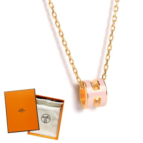 全新💯愛馬仕HERMES Mini Pop H 經典迷你字母LOGO項鍊鎖骨鍊-薔薇粉/金色