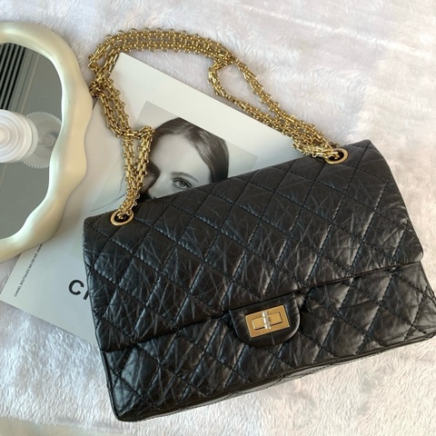 香奈兒/Chanel 2.55 中號 黑金菱格紋單肩包斜挎包