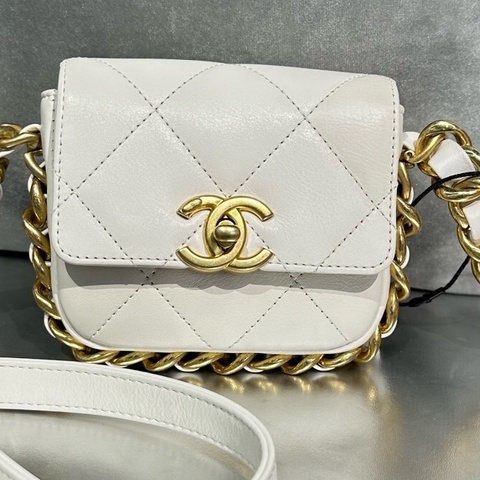 香奈兒Chanel白金白色羊皮mini相机包粗链条斜挎包 芯片