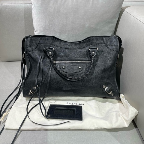 balenciaga巴黎世家黑色牛皮銀釘city黑銀中號機車包手提包斜挎包單肩包 銀扣