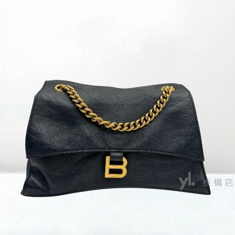 Y2059-Balenciaga Crush黑小牛皮復古金釦中號下蓋肩背包716393