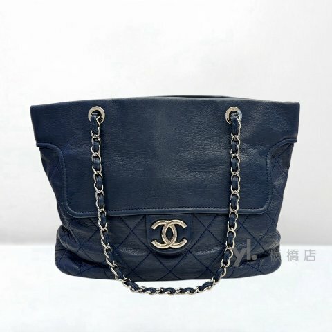 Y2060-CHANEL 深藍牛皮銀扣托特包