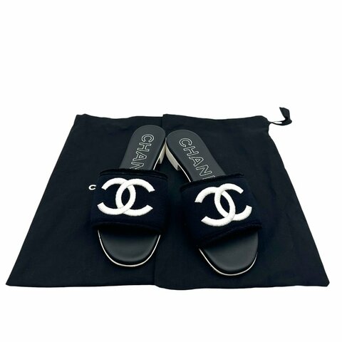 【美收精品】CHANEL 24C黑色刺繡平底拖鞋 C-631【隔月月中將轉賣至日本 上架期限30天】