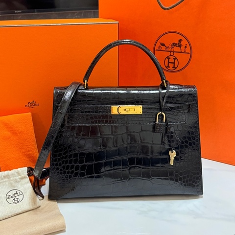 （真鱷魚皮🐊）Hermes Kelly 32 黑金 方塊鱷魚皮 全配🎁