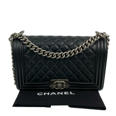 △ CHANEL 香奈兒 Black Lambskin 25CM Ruthenium-Finish Metal Boy Chain Shoulder Bag 黑色小羊皮鍍釕金屬鎖鏈肩背包 A67086-267009278