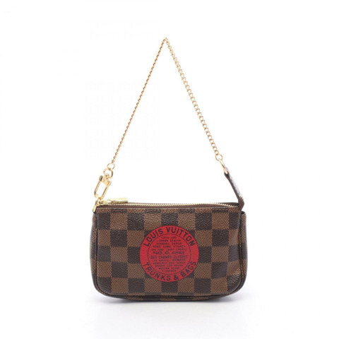 路易威登迷你 Pochette Accessoires Damier Ebene T&B 手提包，塗層帆布和皮革，圖案，女士，棕色/紅色，N58011