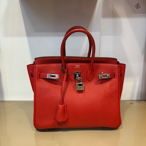 Hermes 玫紅色T/C皮Birkin25銀釦手提柏金包