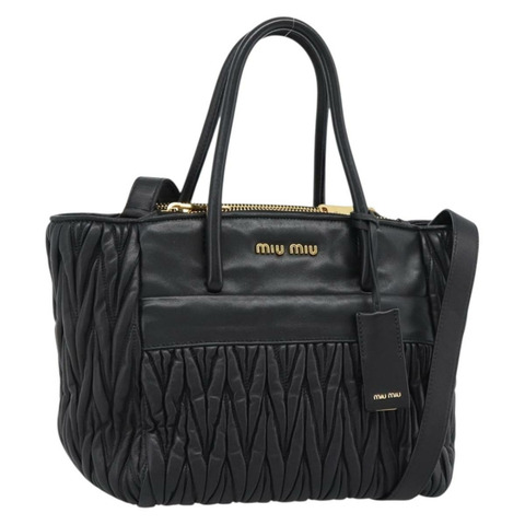Miu Miu Matelasse 手提包 皮革 2way 黑色 金色 Auth 187647V