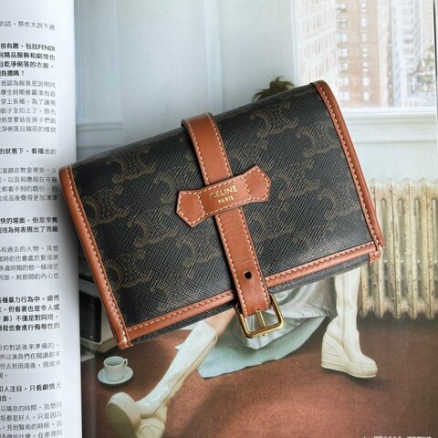 ::CELINE:: 經典凱旋門標誌PVC塗層 拼接棕色皮革 飾品收納包 首飾包