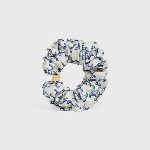 ::CELINE:: Triomphe 藍白絲綢 金色飾面凱旋門LOGO 女生髮圈 大腸圈 可當手環
