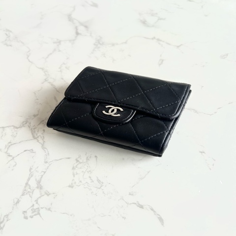 Chanel雙面黑銀色小羊皮革短夾 皮夾 錢包 中夾 中古包二手古董包