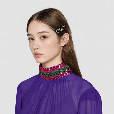 ::GUCCI:: Crystal Gucci Hair Slide In Gold Metal With Black Resin And Crystals 滿版水鑽黑邊髮夾 髮飾
