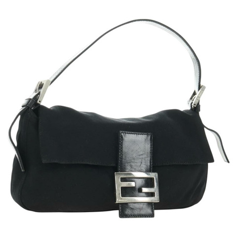 FENDI Mamma Baguette 單肩包 棉質針織 黑色 銀色 Auth am11895V