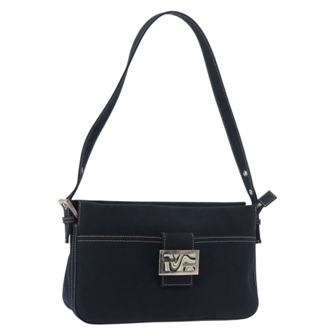 FENDI Mamma Baguette 肩背包 帆布 海軍藍 銀色 正品 186897V