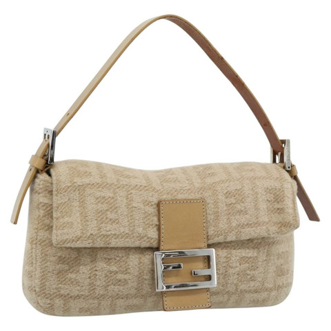 FENDI Zucca帆布Mamma Baguette單肩包，毛氈材質，米色/銀色，正品編號186896SAM