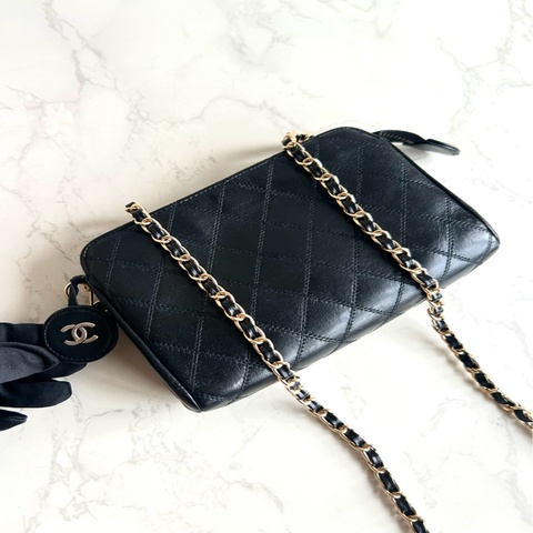 Chanel黑金色小羊皮革斜背包 單肩包 側背包 中古包 二手包 古董