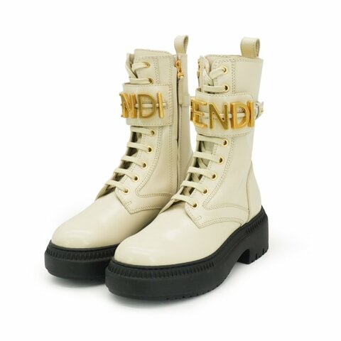 Fendi 展示品 Fendigraphy 綁帶皮革高筒長靴#35(米灰)