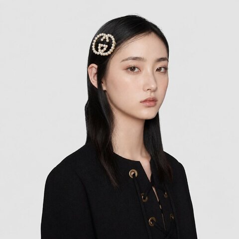 ::GUCCI:: Interlocking G 雙G金色金屬仿珍珠髮夾 髮飾 名媛風格