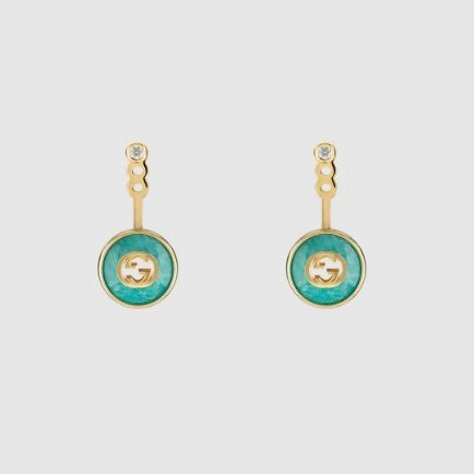 ::GUCCI:: 高級珠寶系列 松石綠 雙G18K金鑲鑽耳環 Gucci Interlocking 18k earrings