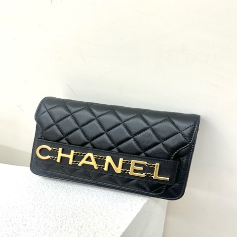 閑置chanel香奈兒 Logo字母金標口蓋菱格皮穿鏈 小牛皮 單肩斜挎包 黑色