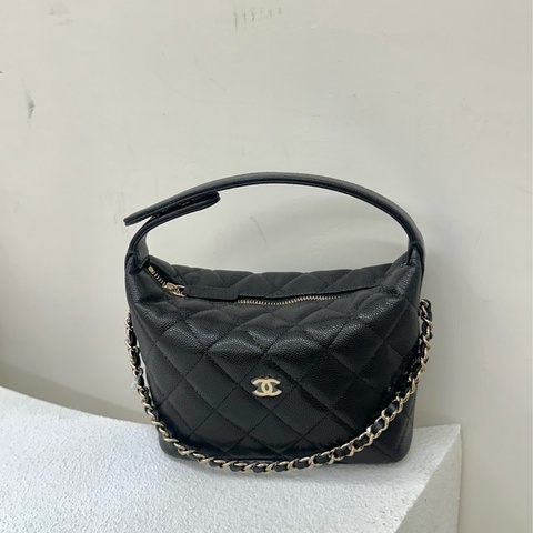 全新 chanel 26s pouch bag 飯盒包經典鏈條金屬Logo 皮穿鏈 菱格Hobo包單肩斜孭包 黑色荔 枝牛皮 金色五金 手提包