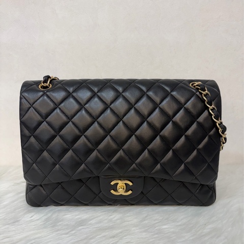 CHANEL COCO MAXI 33 CF 黑色羊皮金鍊 單蓋 肩背包斜背包口蓋包