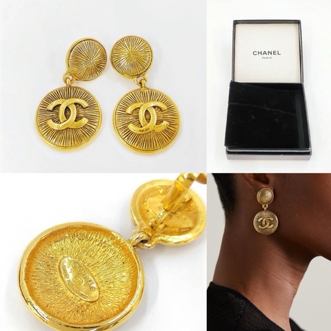 Chanel香奈兒 Vintage1980年代✨金色金屬雙C logo垂墜金幣✨復古夾式耳環 古董耳夾