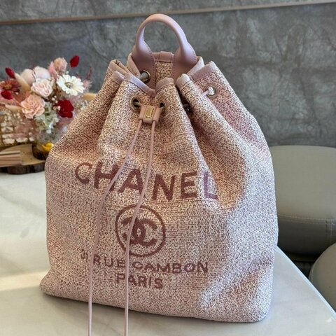CHANEL 粉色毛呢 牛皮 Deauville Backpack 後背包