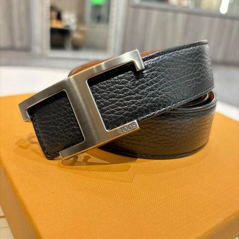 TOD'S Timeless 仿舊T釦牛皮腰帶(棕色x黑色) 90CM